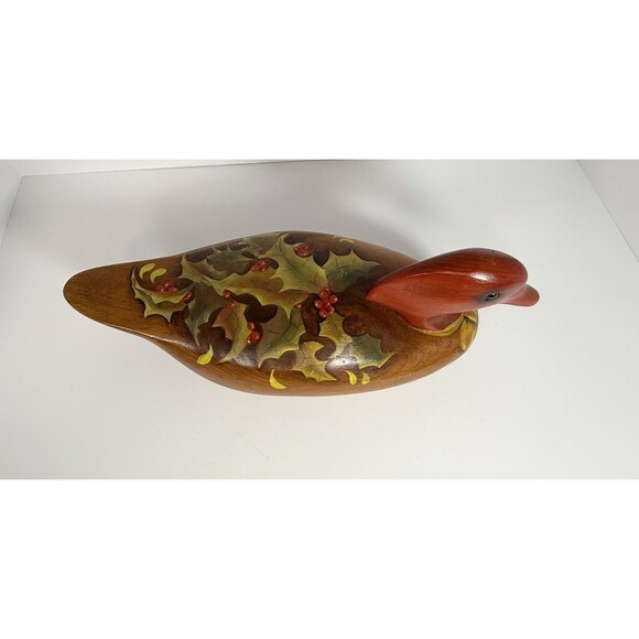 VTG Wooden Duck Decoy Red Headed.‎ Handpainted Holly And Bow.  6”x 16” Aprox. - Picture 3 of 12